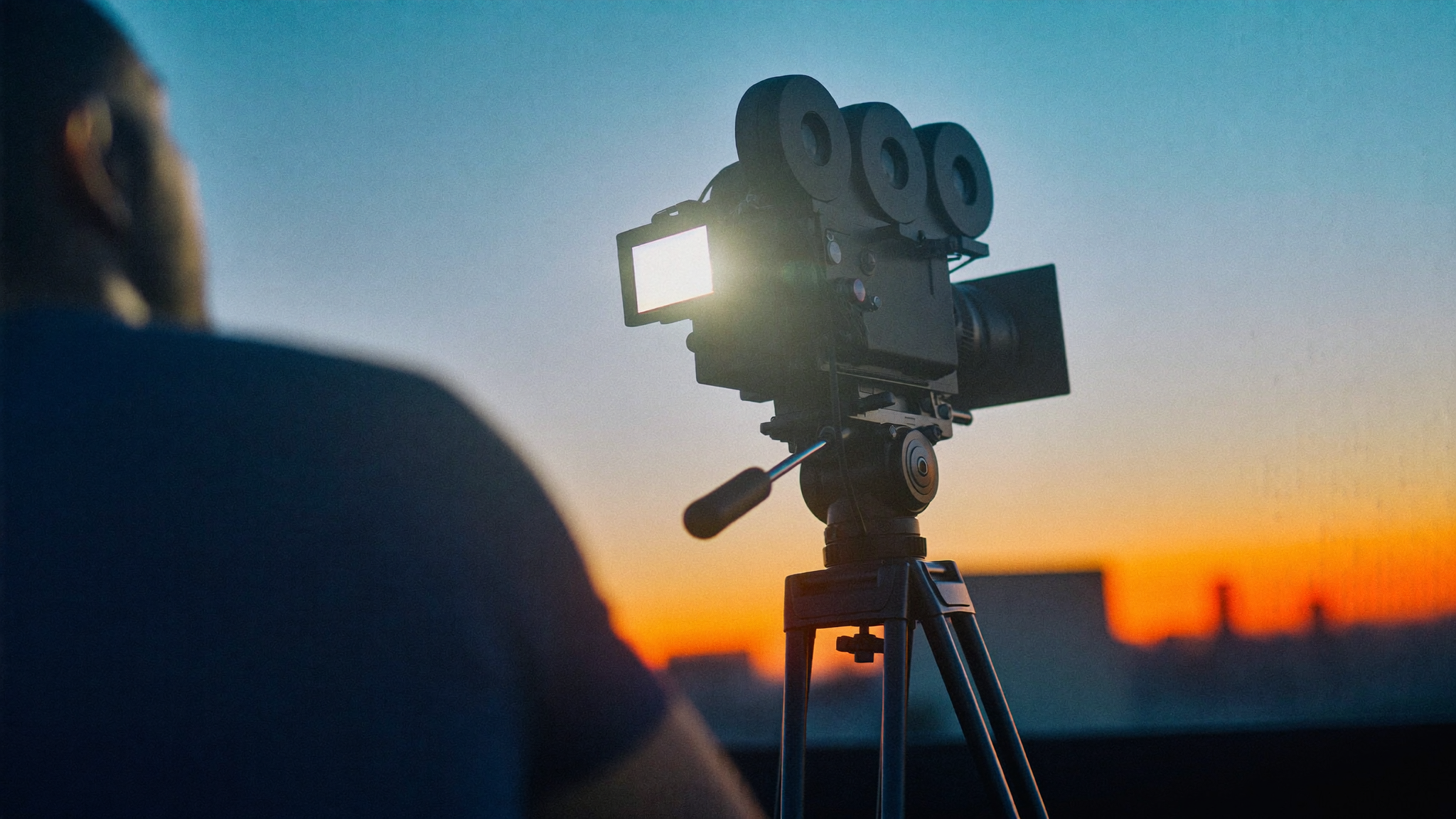 A cinema camera on a rooftop at dawn against a baby blue and orange sky