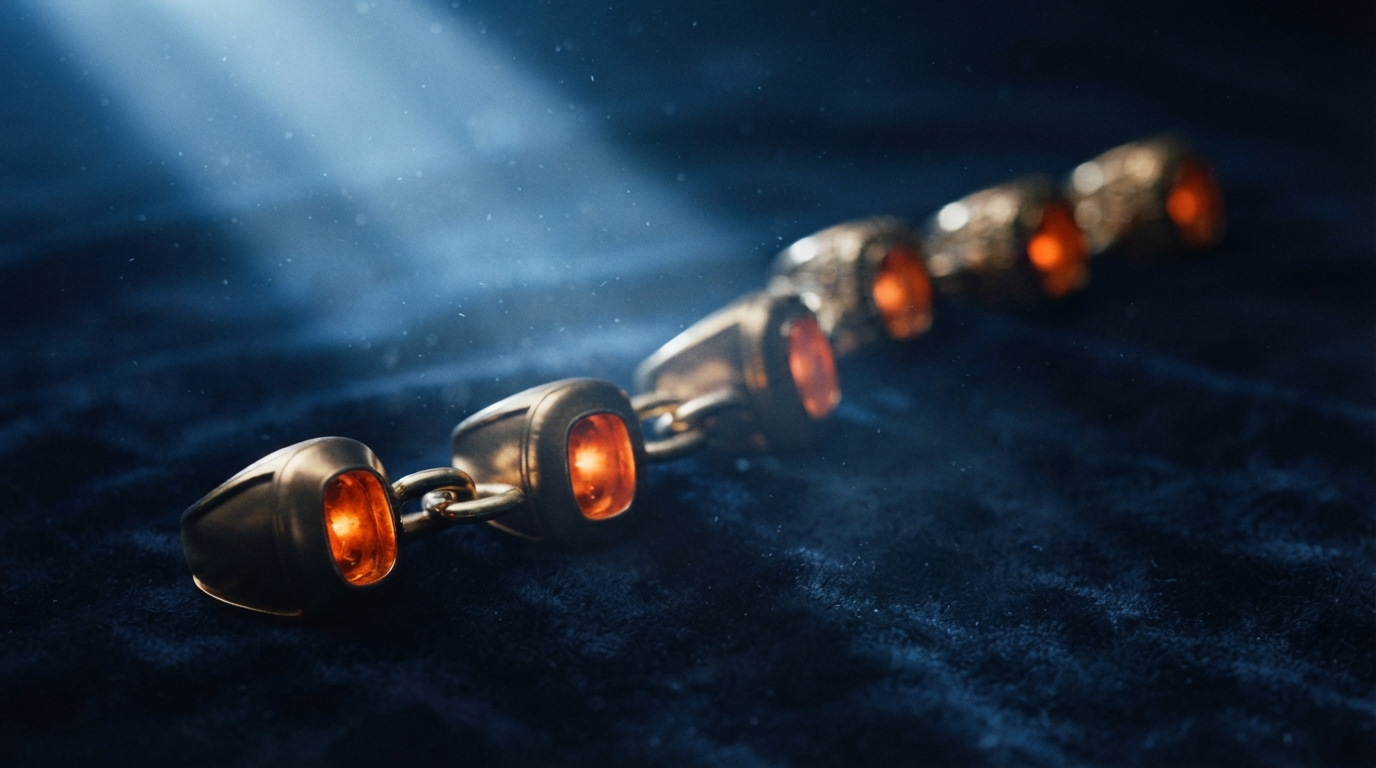 Six championship rings linked through one another like a single chain, glowing ember orange under a baby-blue beam